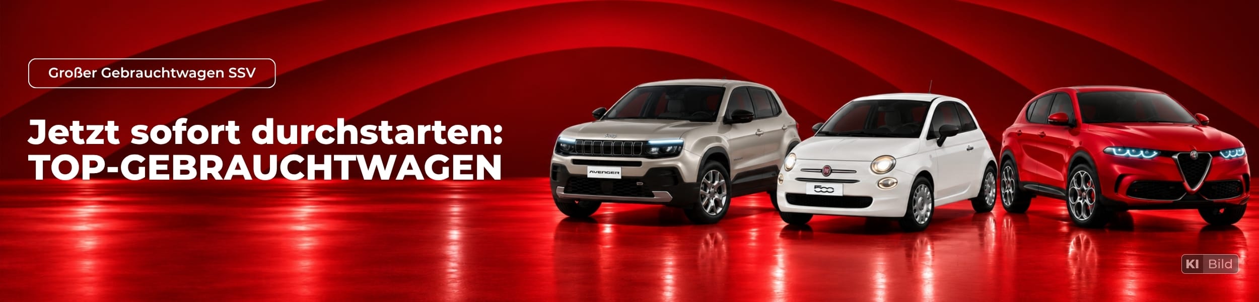 Top-Gebrauchtwagen beim großen SSV: Jeep Avenger, Fiat 500 und Alfa Romeo Tonale vor rotem Hintergrund.