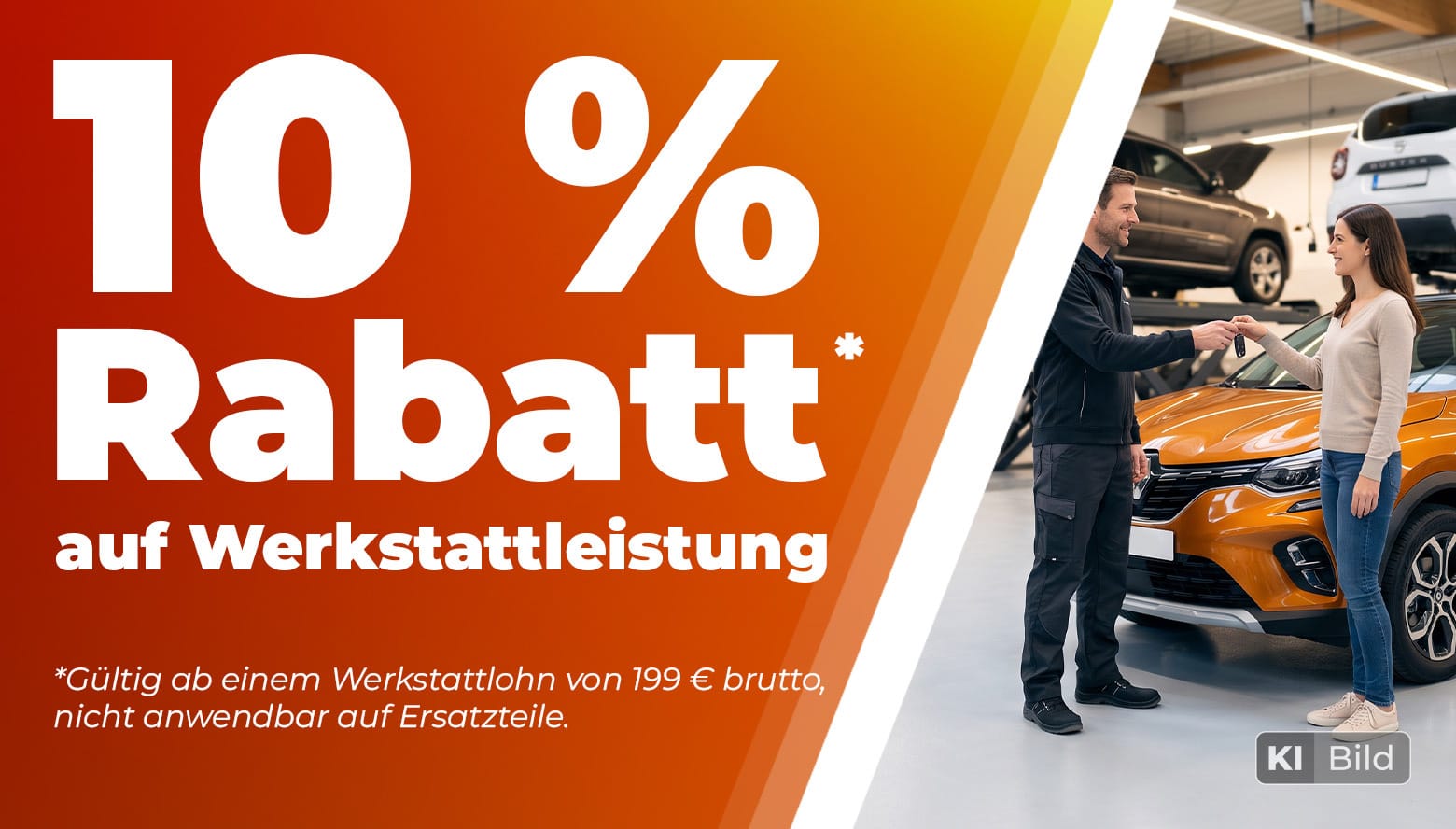Werbebanner: 10 % Rabatt auf Werkstattleistung ab einem Werkstattlohn von 199 € brutto, nicht anwendbar auf Ersatzteile. Daneben übergibt ein Werkstattmitarbeiter einer Kundin vor einem orangefarbenen Auto einen Fahrzeugschlüssel. Das Motiv ist als KI-Bild gekennzeichnet.