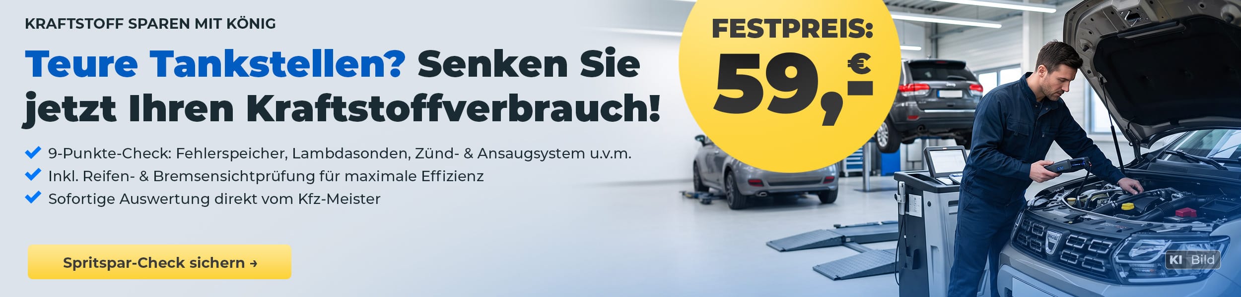Spritspar-Check für 59 € mit 9-Punkte-Prüfung, Reifen- und Bremsensichtprüfung sowie Auswertung durch den Kfz-Meister.