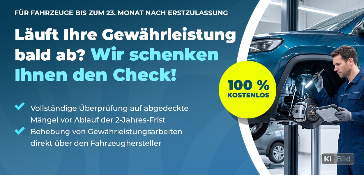 Kostenloser Gewährleistungscheck für Fahrzeuge bis zum 23. Monat nach Erstzulassung mit Prüfung auf abgedeckte Mängel.