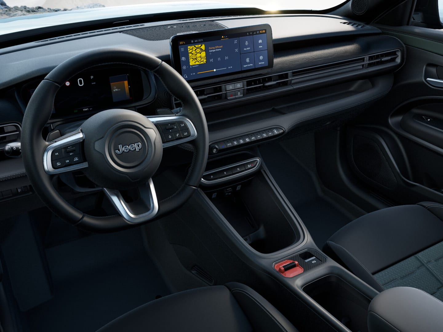 Innenraum des Jeep Avenger 4xe Upland mit schwarz-grüner Stoffausstattung, digitalem Cockpit und zentralem Touchscreen.