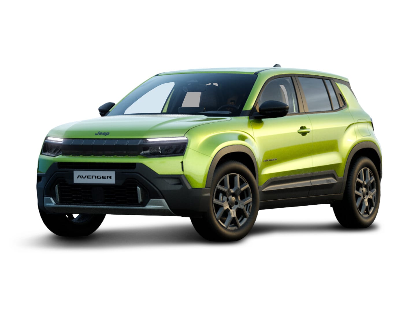 Grüner Jeep Avenger Altitude in Front-Seitenansicht vor weißem Hintergrund.