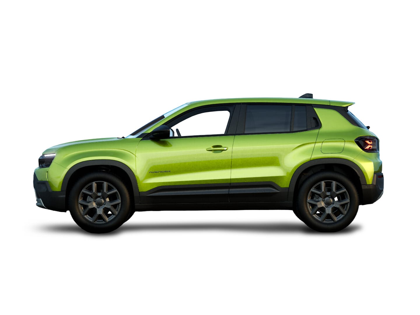 Grüner Jeep Avenger Altitude in Seitenansicht vor weißem Hintergrund