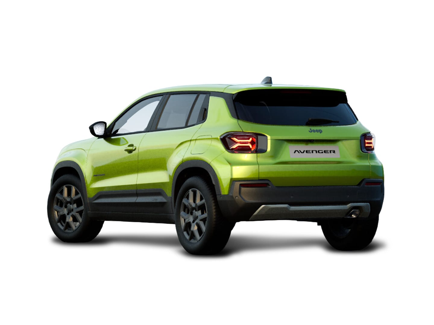 Grüner Jeep Avenger Altitude in Heck-Seitenansicht vor weißem Hintergrund