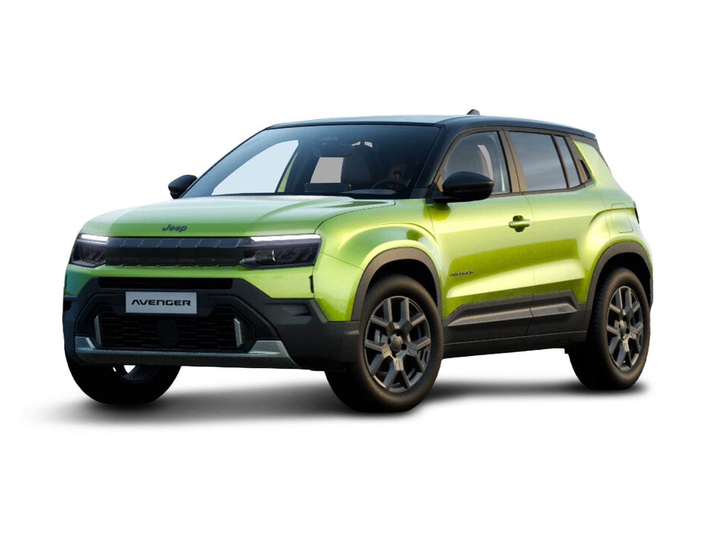 Grüner Jeep Avenger Altitude mit schwarzem Dach in Front-Seitenansicht vor weißem Hintergrund.