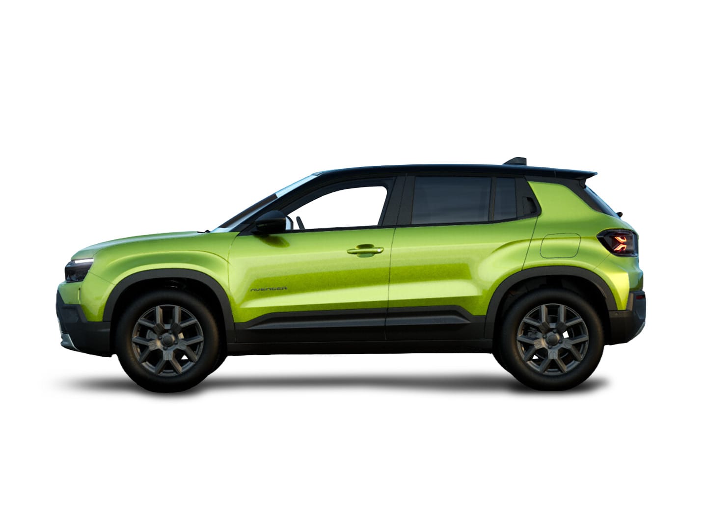 Grüner Jeep Avenger Altitude mit schwarzem Dach in Seitenansicht vor weißem Hintergrund