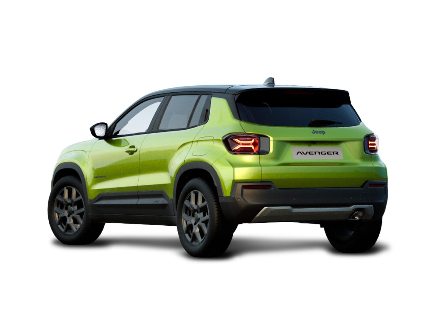 Grüner Jeep Avenger Altitude mit schwarzem Dach in Heck-Seitenansicht vor weißem Hintergrund