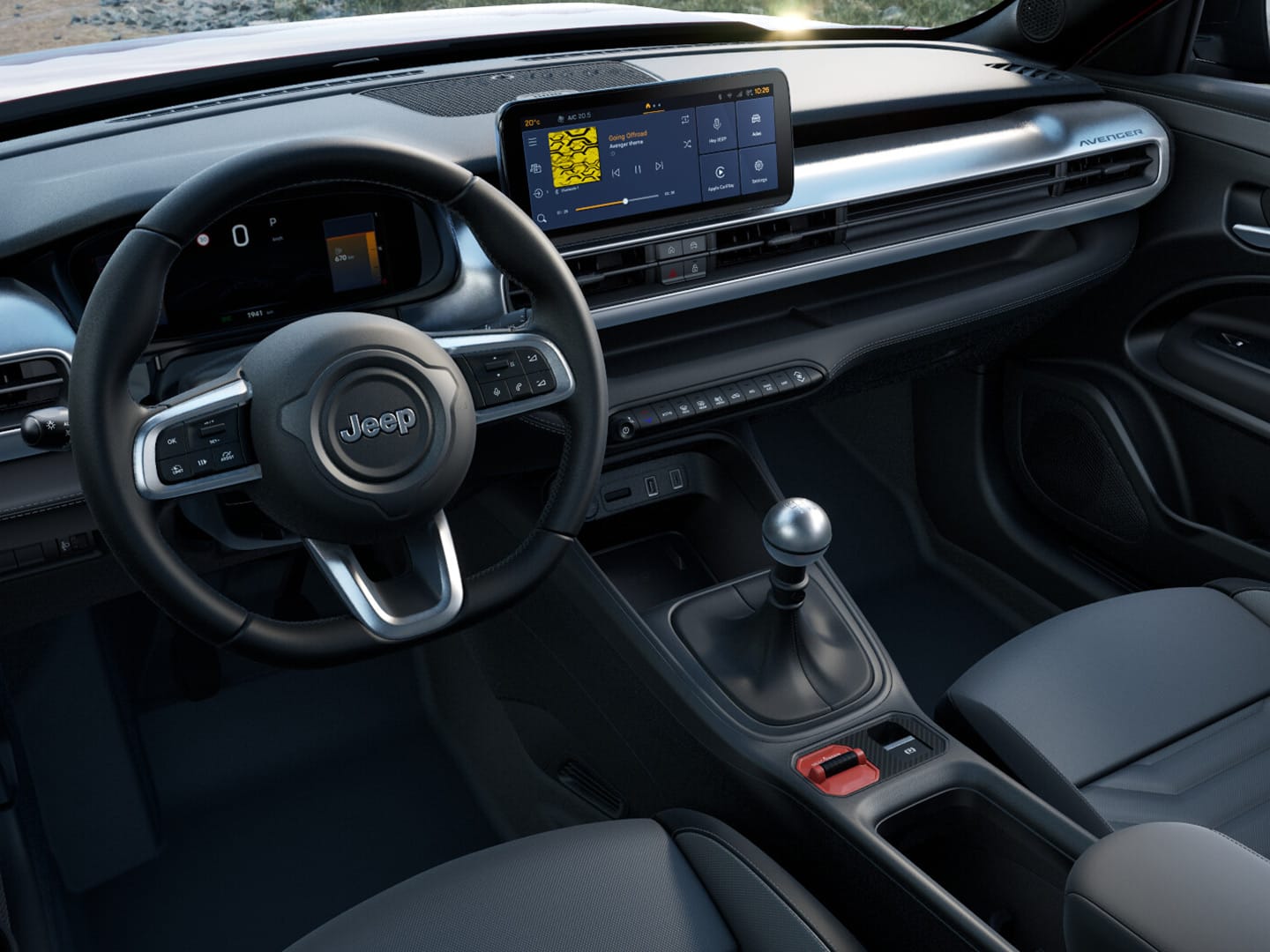Innenraum des Jeep Avenger Altitude mit schwarzer Stoff-Vinyl-Ausstattung, digitalem Cockpit und zentralem Touchscreen.