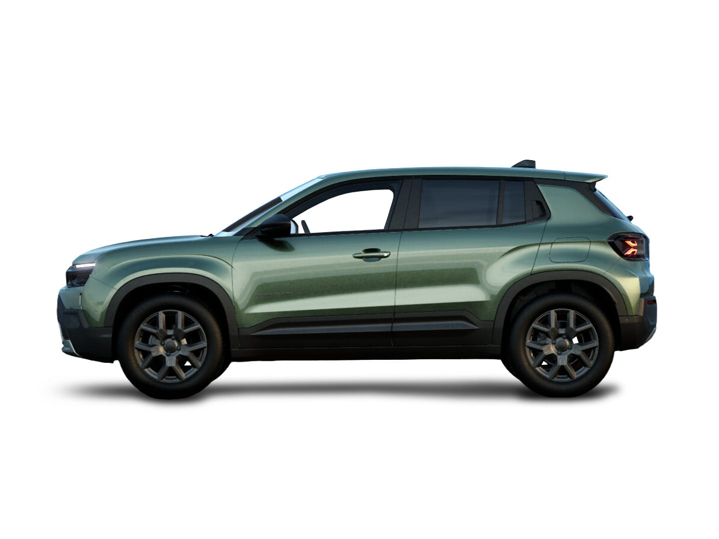 Grüner Jeep Avenger Altitude in Seitenansicht vor weißem Hintergrund.