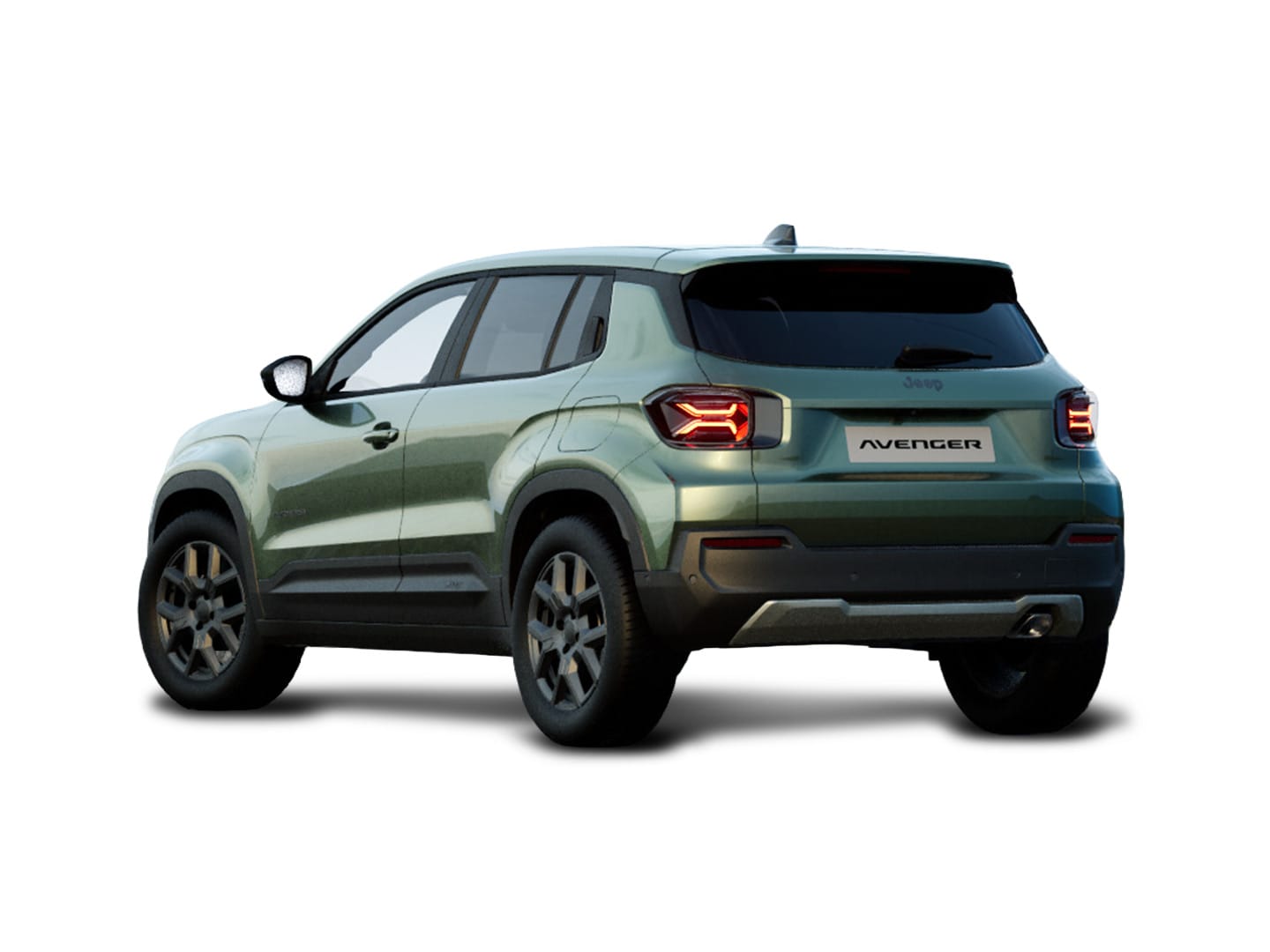 Grüner Jeep Avenger Altitude in Heck-Seitenansicht vor weißem Hintergrund.