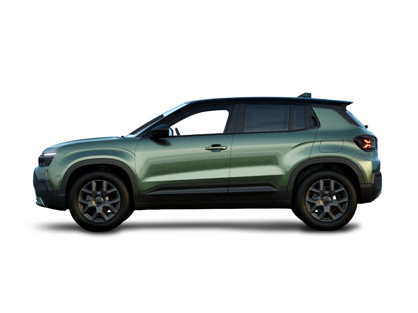 Grüner Jeep Avenger Altitude mit schwarzem Dach in Seitenansicht vor weißem Hintergrund.