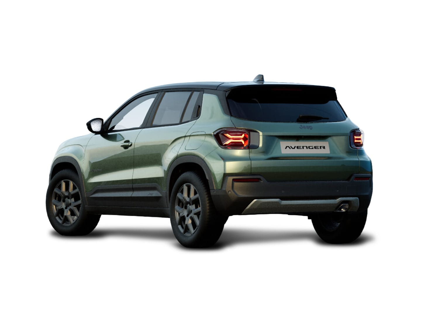Grüner Jeep Avenger Altitude mit schwarzem Dach in Heck-Seitenansicht vor weißem Hintergrund.