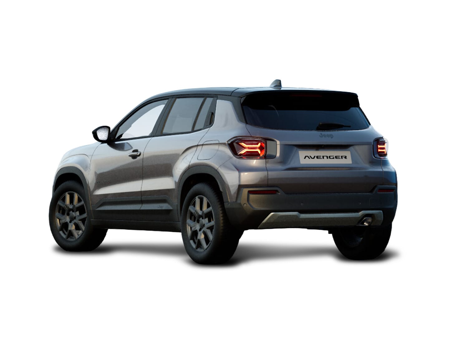 Grauer Jeep Avenger Altitude mit schwarzem Dach in Heck-Seitenansicht vor weißem Hintergrund.