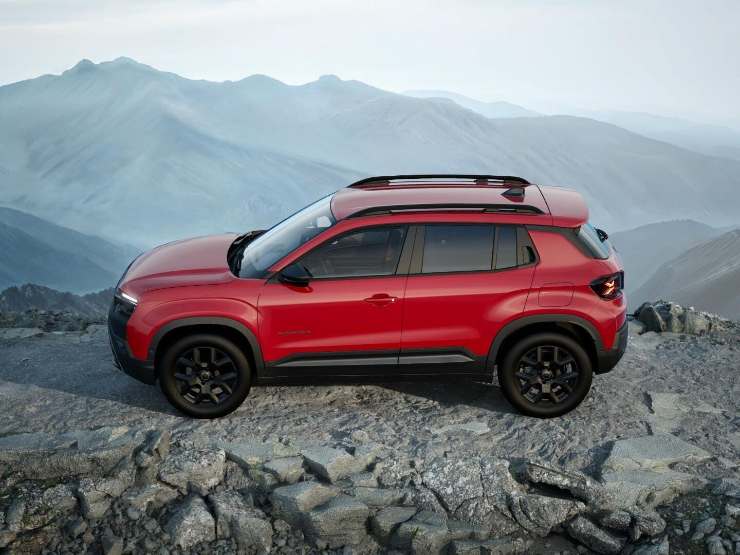 Roter Jeep Avenger 4xe Upland in Seitenansicht auf felsigem Gelände in den Bergen.