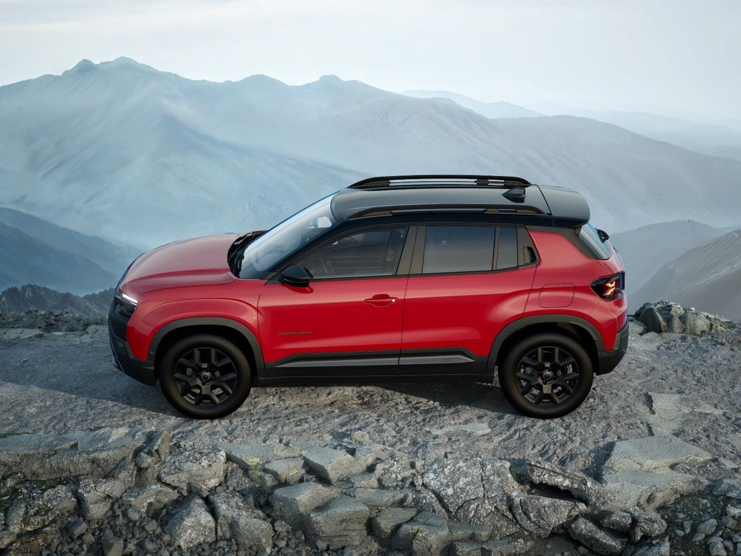 Roter Jeep Avenger 4xe Upland mit schwarzem Dach in Seitenansicht auf felsigem Gelände.