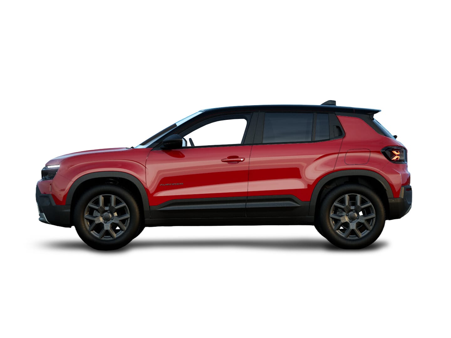 Roter Jeep Avenger Altitude mit schwarzem Dach in Seitenansicht vor weißem Hintergrund.