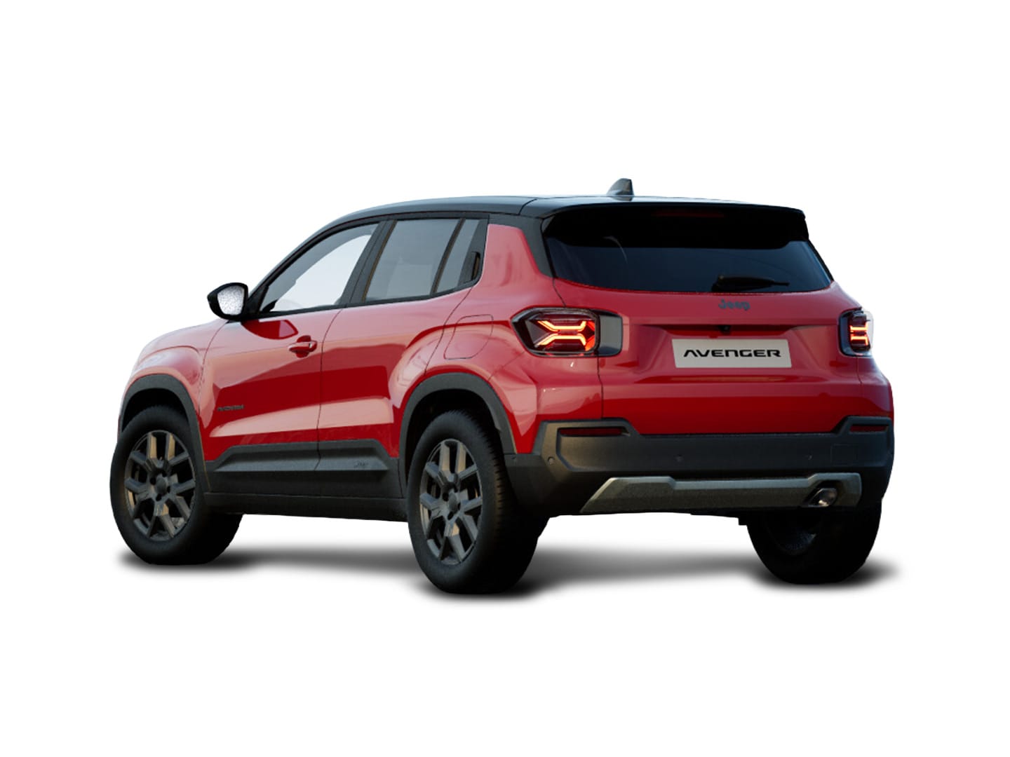 Grüner Jeep Avenger Altitude mit schwarzem Dach in Heck-Seitenansicht vor weißem Hintergrund.