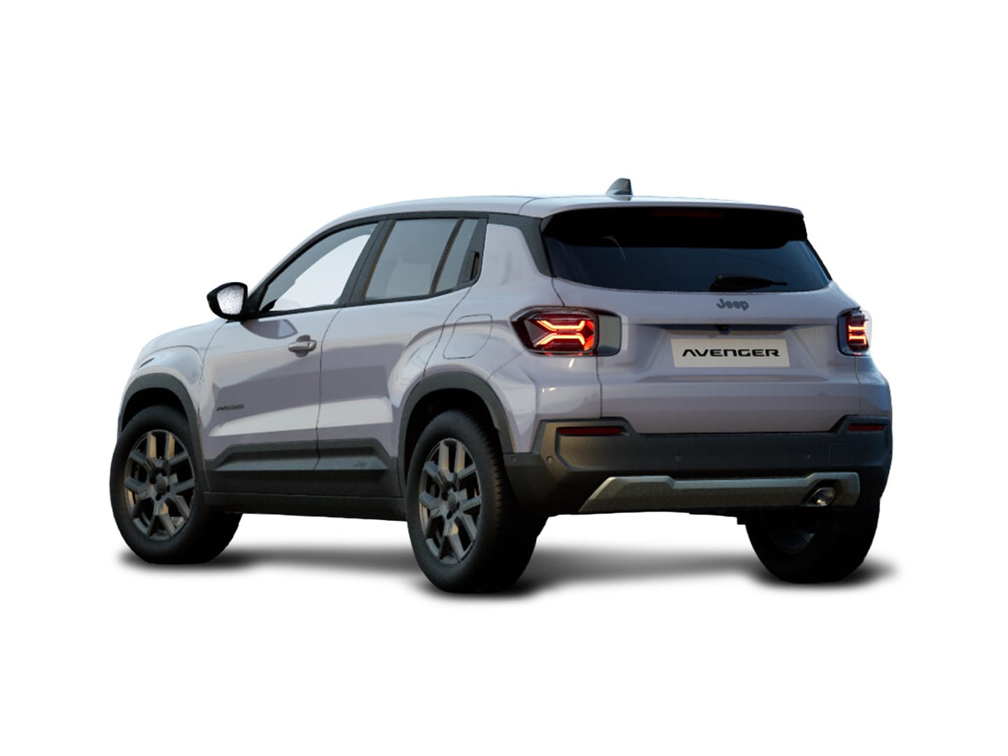 Grauer Jeep Avenger Altitude in Heck-Seitenansicht vor weißem Hintergrund.