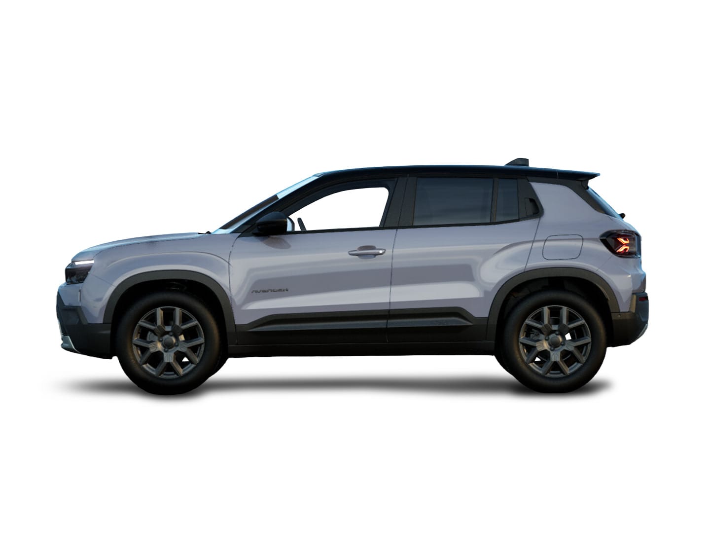 Grauer Jeep Avenger Altitude mit schwarzem Dach in Seitenansicht vor weißem Hintergrund.