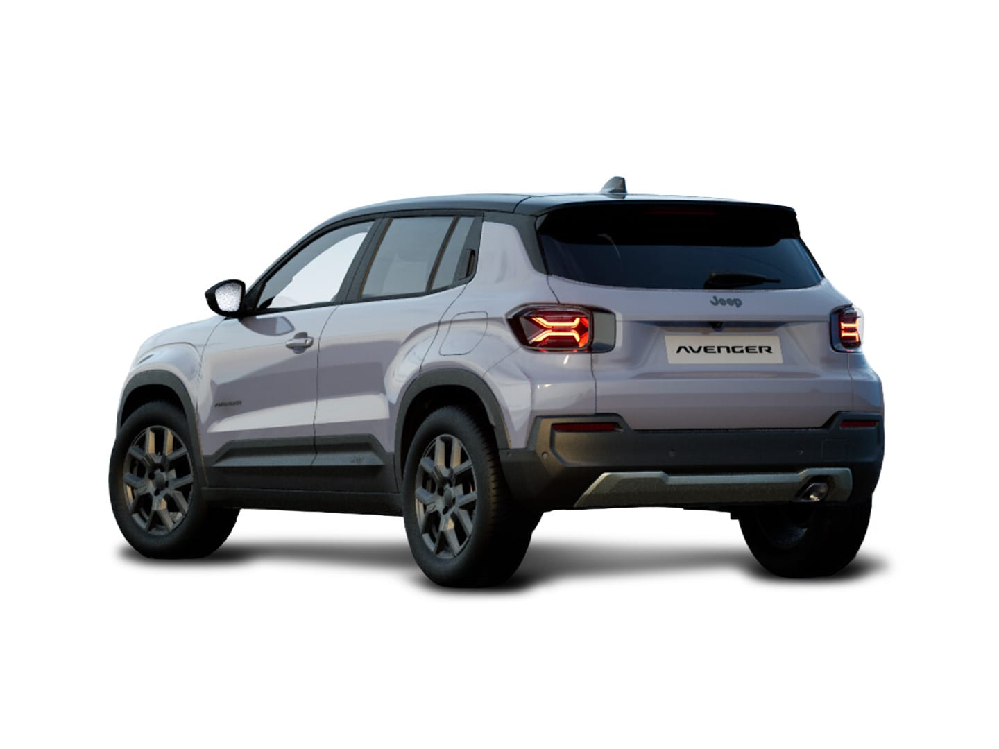 Grauer Jeep Avenger Altitude mit schwarzem Dach in Heck-Seitenansicht vor weißem Hintergrund.